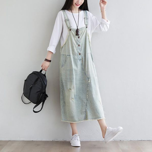 

casual dresses nini wonderland 2021 autumn denim dress women patchwork hole pockets adjustable strap sling lady sleeveless tassel, Black;gray