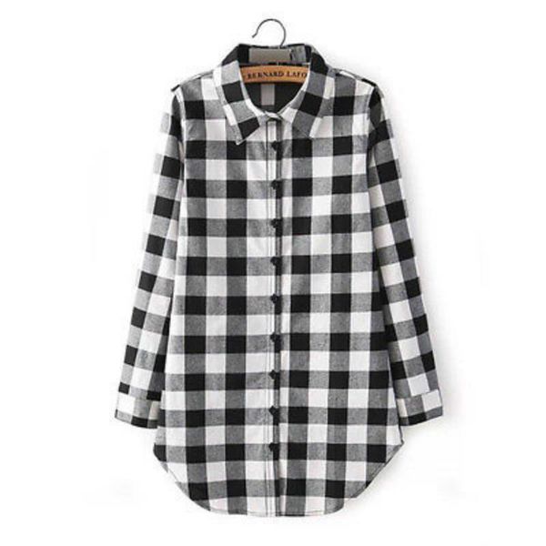 

fashion women long sleeve blouse plaid print shirt single breasted cotton shirt, White