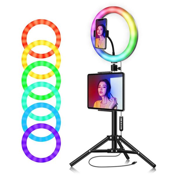 

flash heads 20/26cm rgb ring light with tripod phone clip stand kit camera pography video recording selfie led tablet holder