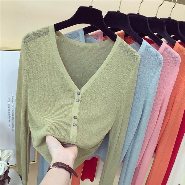 

2020 summer purple cardigan women long sleeve thin ice silk knitted sun protection v-neck short solid sweater, White