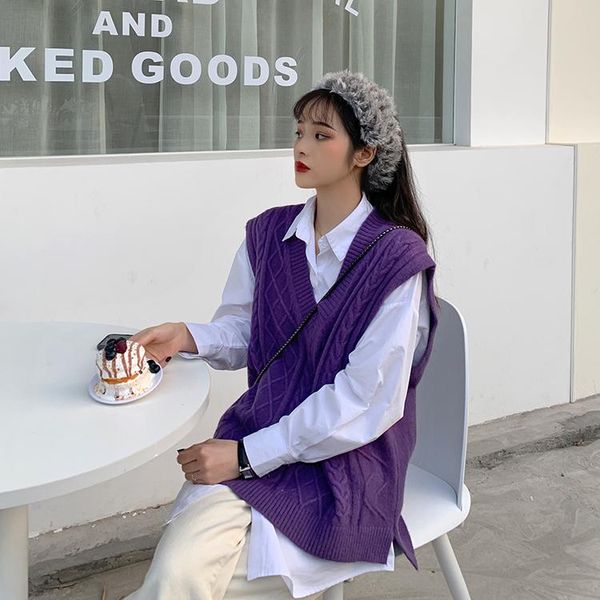 

knitted vests sweater women solid classic retro stylish v-neck all-match ulzzang streetwear loose female new sleeveless casual, Gray