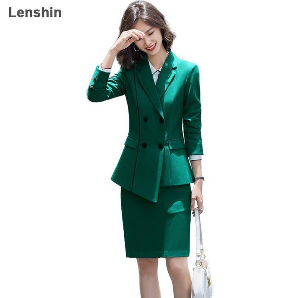

lenshin 2 piece elegant formal green skirt suit fashion asymmetry blazer office lady uniform designs women business sets, White