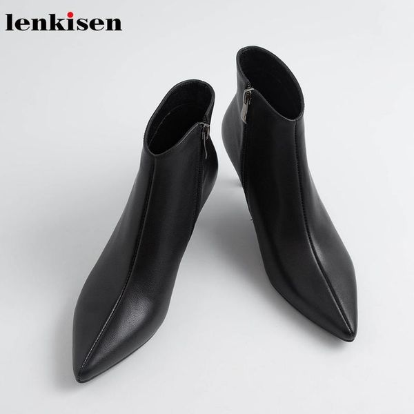 

lenkisen genuine leather med heels pointed toe stiletto beauty lady office autumn winter basic solid women ankle boots l501, Black