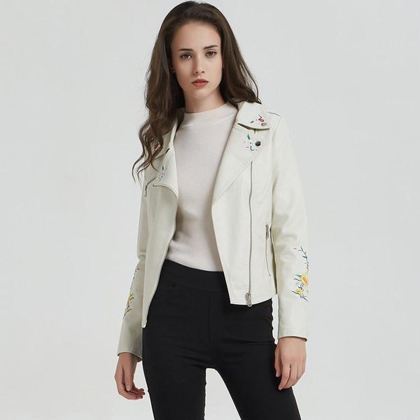 

girls moto coat women white pu leather lapel embroidered jacket slim short female motorcycle jacket ladies floral decoration top, Black