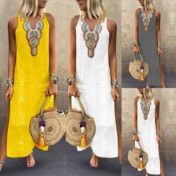 

women"s dresses printed sleeveless v neck maxi dress split hem baggy kaftan long summer beach causal dress, Black;gray