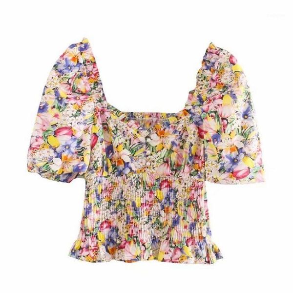 

2020 new women v neck floral print casual slim blouse female puff sleeve elastic elegant shirts leisure 1, White