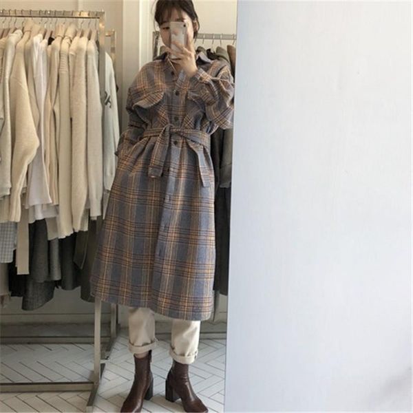 

women autumn vintage long sleeve long coat elegant bandage plaid woolen coat turn-down collar winter outwear1, Black