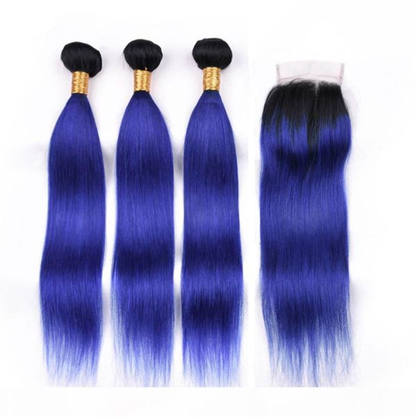 

dark root 1b blue ombre indian virgin human hair wefts with 4x4 lace closure 3bundles blue ombre hair weaves with closure 4pcs lot, Black;brown