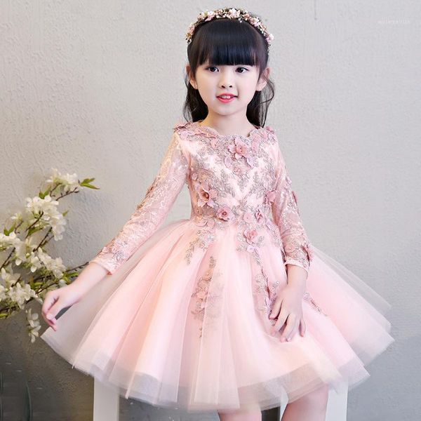 

girl's dresses glizt flower girls pink wedding kids long sleeve bead appliques lace party princess birthday dress first communion gown1, Red;yellow