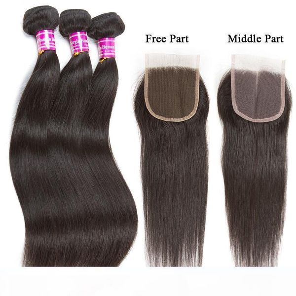 

10a unprocessed straight lace frontal with bundles brazilian body wave virgin hair bundles with closures peruvian human hair extensions, Black;brown