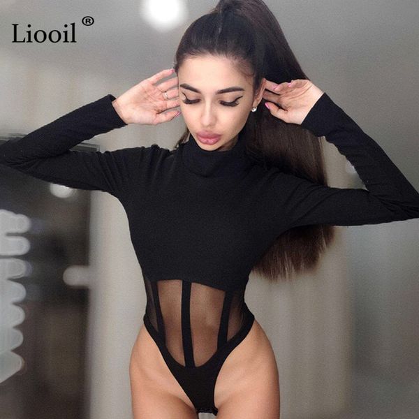 Liooil Nero Bianco Sheer Mesh Body Top per le donne Abiti sexy Manica lunga Dolcevita Bdycon Party Tuta Club Pagliaccetto T200702