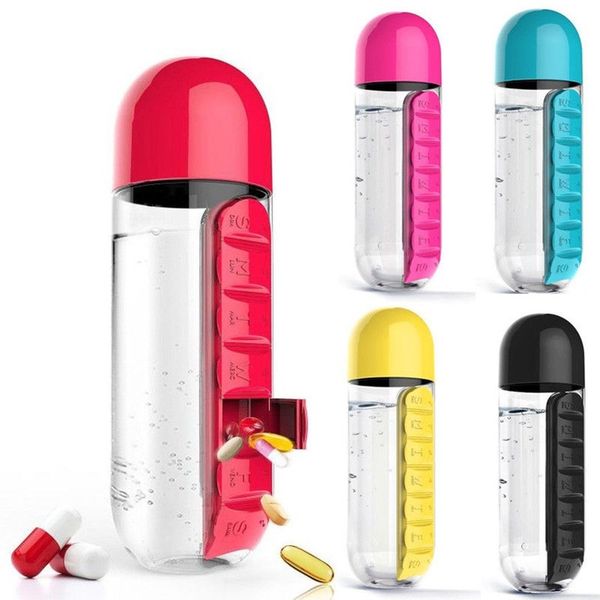 

600ml sports plastic water bottle with daily pill box organizer drinking travel hiking outdoor leak-proof tumbler bottles 2 in 1