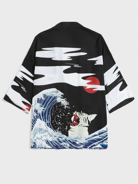 

men wave & animal print open front shirt c8ap#, White;black