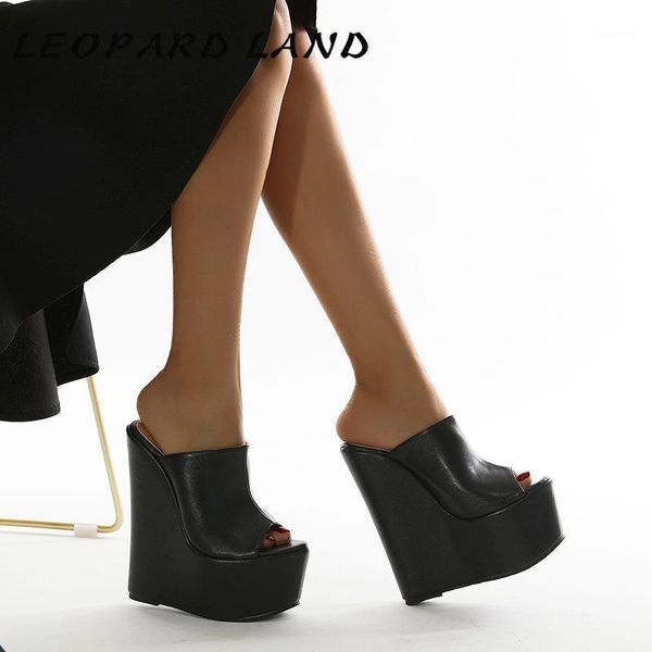 

leopard land summer fashion thick-soled 18cm wedge sandals black shallow mouth fish mouth large size women's shoes zl1