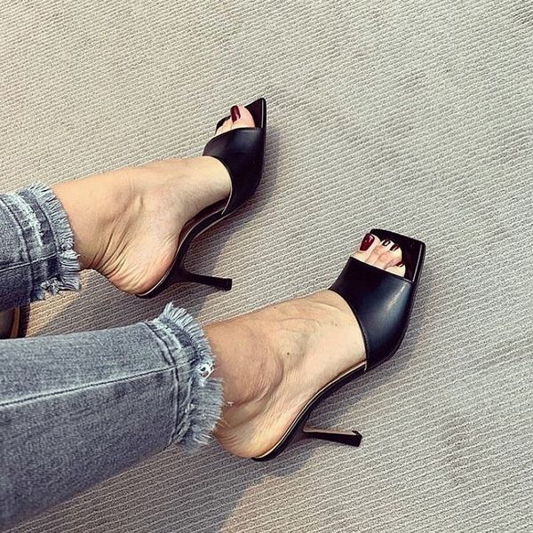 

2020 новые летние женщины квадратные детские дамы лэб-мулы сексуальные тонкие высокие каблуки сандалии сандалии тапочки женские мода женщина, Black