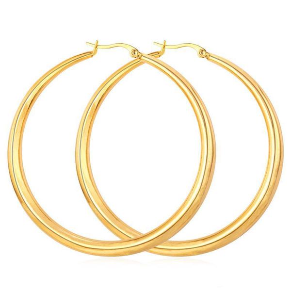

real 18k gold silver plated big hoop earrings for women large stainless steel round circle hoops earring lightweight no fade color nice jewe, Golden;silver
