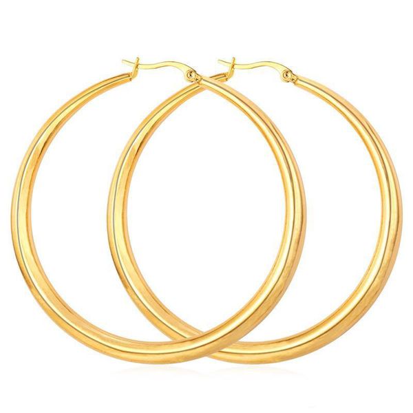 Presente de prata de prata dourada real de 18k Brincos de argola grande para mulheres grandes aros redondos de aço inoxidável Brincho leve sem desbotamento de cor bela joia presente 6cm