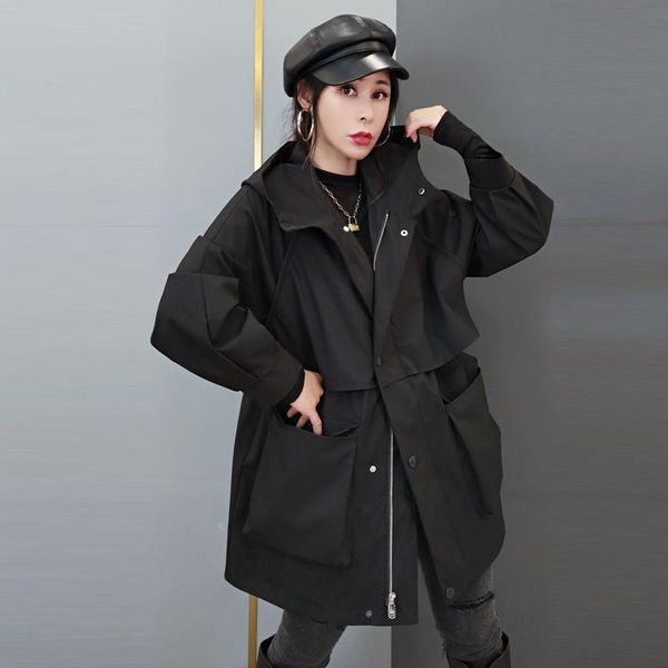 

women's trench coats 2021 spring autumn coat korean mid-length plus size hooded overalls windbreaker outerwear m630, Tan;black