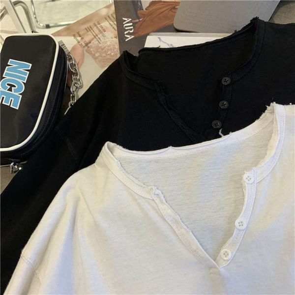 

three white button long sleeve women's small v-neck fake pocket worn lazy feng shui wash versatile beggar's t-shirt, Black;gray