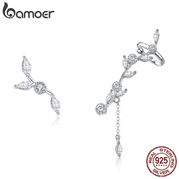 

bamoer genuine 925 sterling silver plum blossoming flower branch stud earrings for women clear cz silver jewelry sce429 200923, Golden;silver