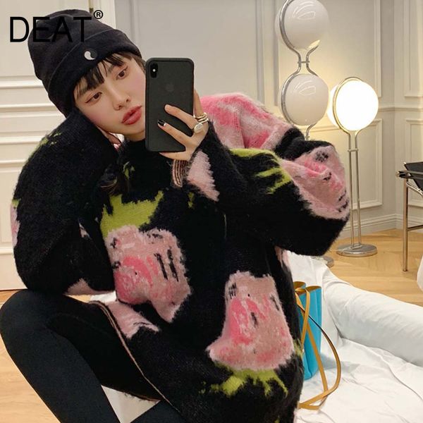 

deat 2020 new winter round neck full sleeves printed flower pullover loose big size thick sweater female mohair wp04401 h1211, White;black