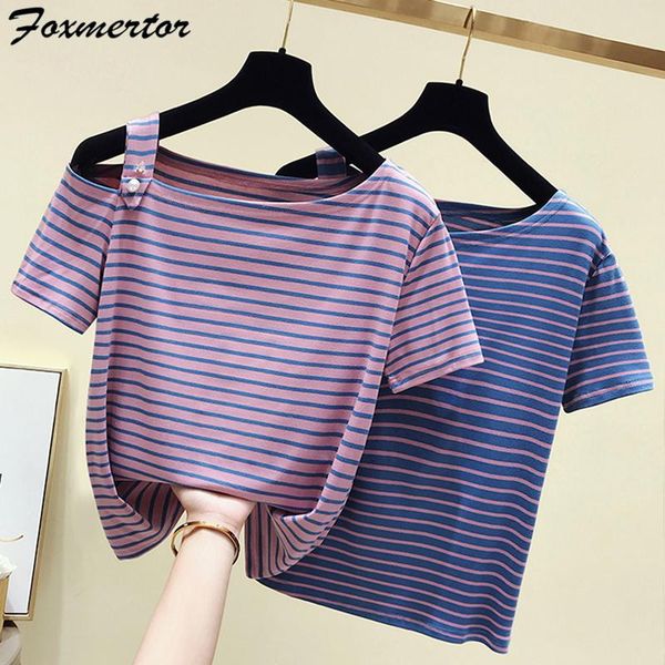

striped blouse women short sleeve shirt and 2021 summer casual cotton blusa fashion one shoulder shirts chic #02, White