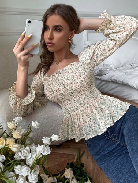 

ditsy floral shirred smock blouse o90q#, White