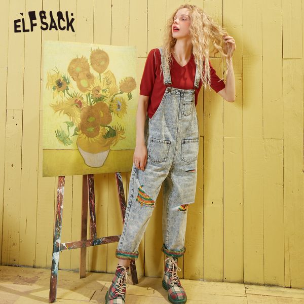 

elfsack blue colorful ripped washed loose casual overall jeans women 2020 spring pocket korean ladies jumpsuit straight pants lj200828
