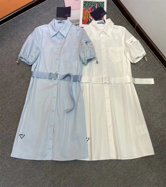 

solid women casual dresses long elegant v neck a-line short sleeve turn-down collar with pocket single breasted shirt in white and blue, Black;gray