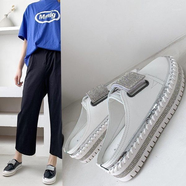 

slippers crystal shoes women spring fashion sewing flat heel sliders leather outdoor women's slipper comfort rubber outside slipper1, Black