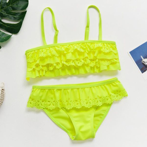 

2020 swimsuit girls kids swimwear hollow out teenage girl bikini set falbala two piece children swimwear girl bathing suit beach1, White;black