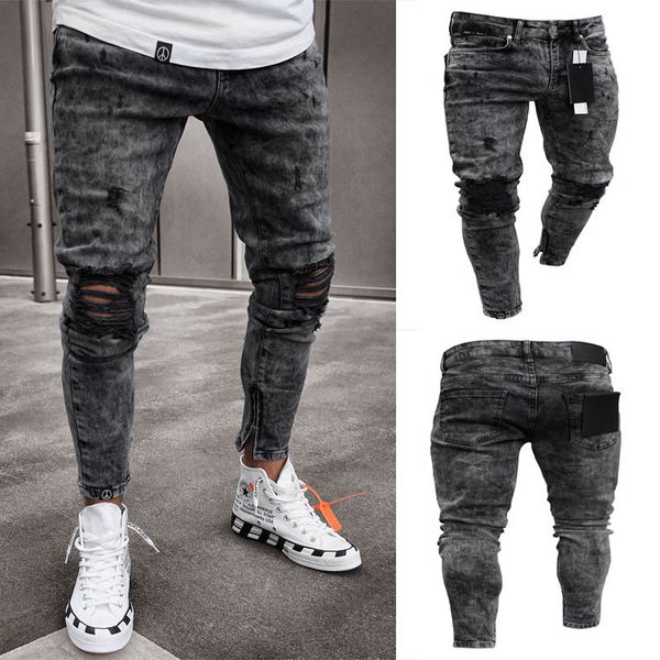 

men's pierced jeans stretch jeans leggings men's new, Blue
