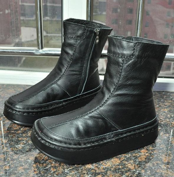 

careaymade-new short boots layer leather women boots leather cotton thick sole shoes muffin korean autumn fashion, Black