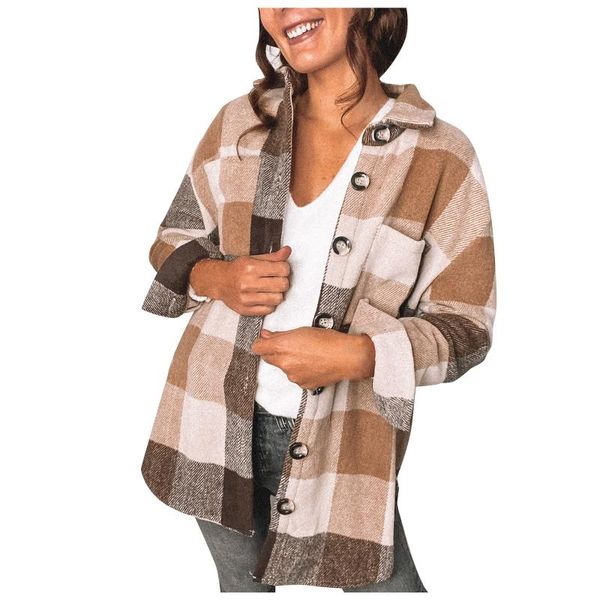 

women 2020 long sleeve woolen coats new fashion ladies thick plaid coat female streetwear elegant girls oversize jacke coat, Black;brown