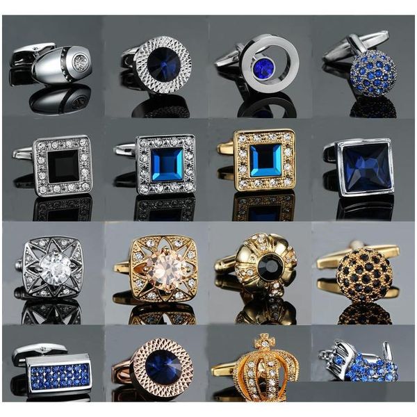 

novelty luxury blue white cufflinks for mens brand crown crystal gold silver cufflinks shirt cuff links d19011003 0onea