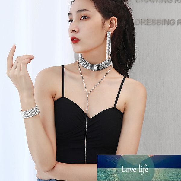 

bracelet rhinestone ten rows long necklace six rows elastic tassel dangle earrings three-piece suit cross-border european and american, Black
