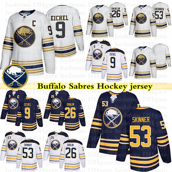 

buffalo sabers 50th anniversary jerseys 9 jack eichel 26 rasmus dahlin 53 jeff skinner hockey jersey, Black;red