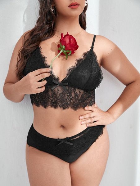 

plus floral lace scallop trim lingerie set v2nn#, Black;white