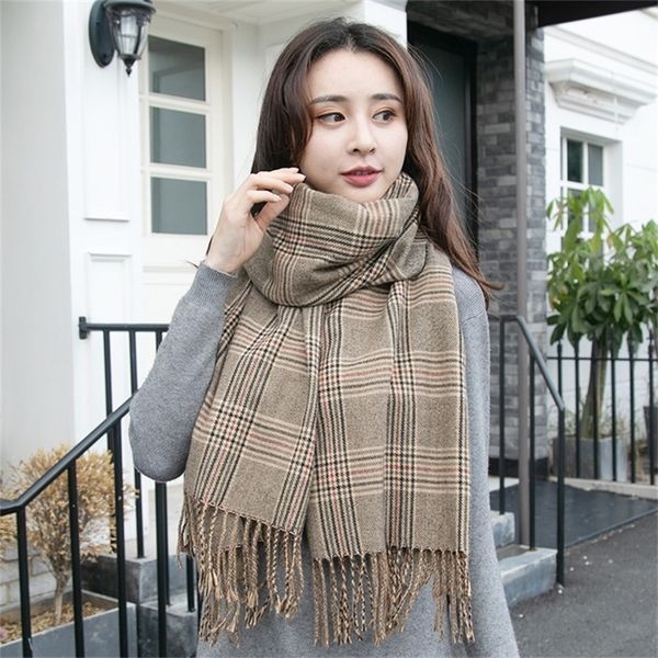 

gray plaid cashmere scarf tassel faux cashmere winter tippet scarves design femme shawl female wrap ladies scarf plaid pashmina 201218, Blue;gray