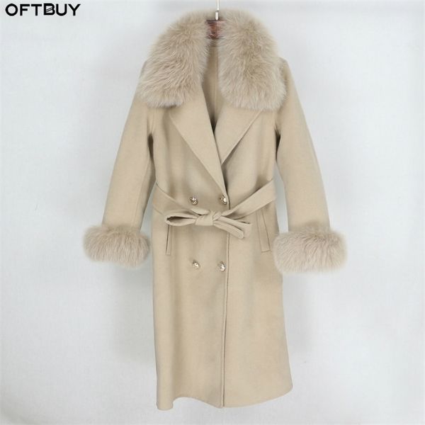 Oftbuy Kruvaze Kaşmir Yün Karışımları Gerçek Kürk Ceket Kış Ceket Kadın Doğal Fox Kürk Yaka Ve Manşetleri Streetwear 201216