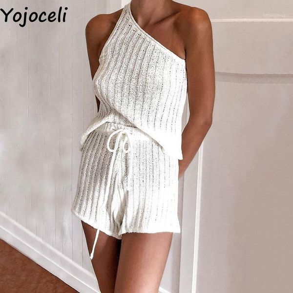 

yojoceli autumn knitted one shoulder playsuit women casual 2 set elegant jumpsuit romper cool daily short overalls romper1, Black;white