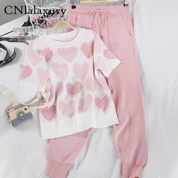 

tracksuit 2 piece sets womens knit outfits love heart short sleeve o-neck + harem pants suit 2020 new clothes ensemble femme1, Gray