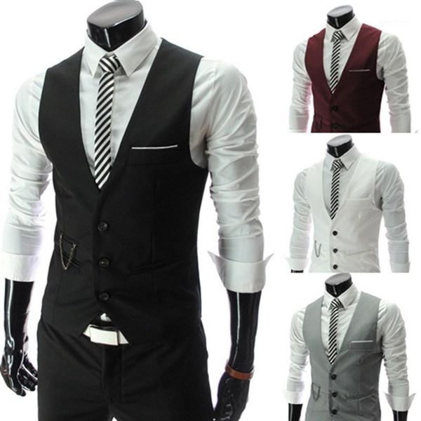 

suitable for business casual suit vest men's large size thin section slim suit vest v-neck three buckle with chain -11, Black;white