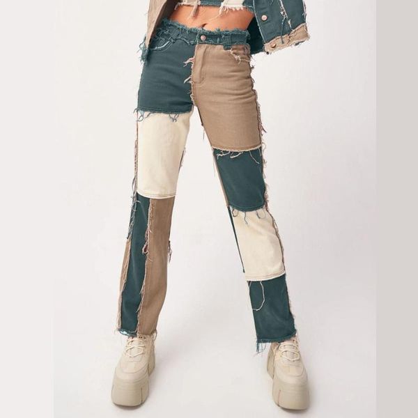 

women's jeans trendy variegated stitching high-waisted tight-hipped straight denim trousers leisurely fashion highlights a good figure, Blue