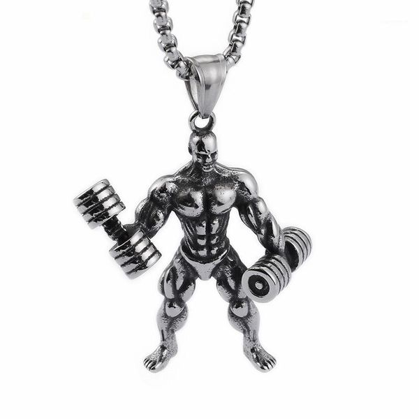 

Hip Hop Figure Muscle Man Pendant Necklace For Men Stainless Steel Gold Dumbbell Gym Fitness Necklace Sport Jewelry1, Silver