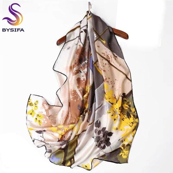 

scarves [bysifa] autumn 100% silk scarf women grey yellow leaves design long shawls luxury grade gift winter, Blue;gray