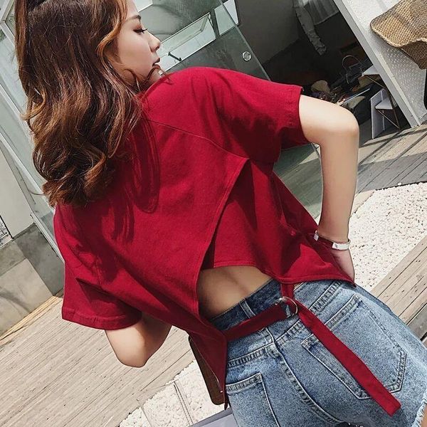 

mumuzi spring short-sleeved t-shirt female 2020 new irregular fork hollowing out open back split summer shirts women, White