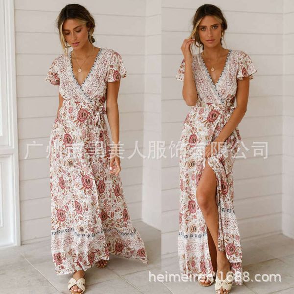 

lace 2019 new fashion wrap waist up bohemian positioning print mid length dress, Black;gray