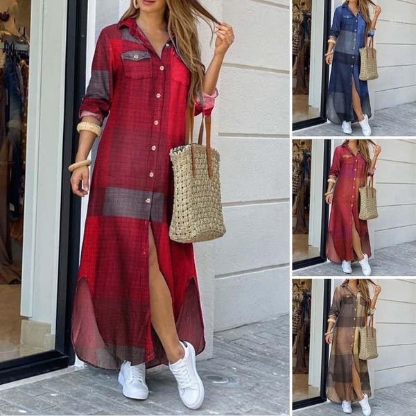 

maxi beach dress elegant women button long shirt dress summer split print lapel neck party long sleeve checked plaid robe1, Black;gray