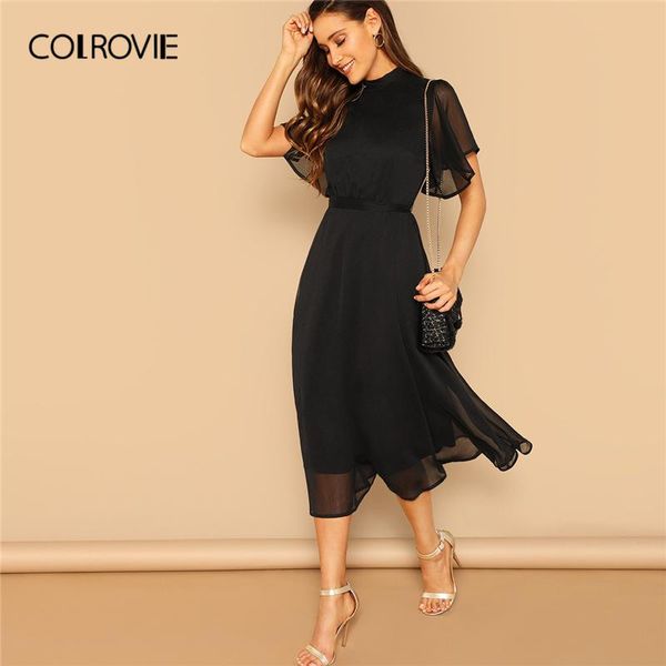 

colrovie black mock-neck knot back sheer panel dress women 2021 elegant summer solid butterfly sleeve fit and flare dresses, Black;gray